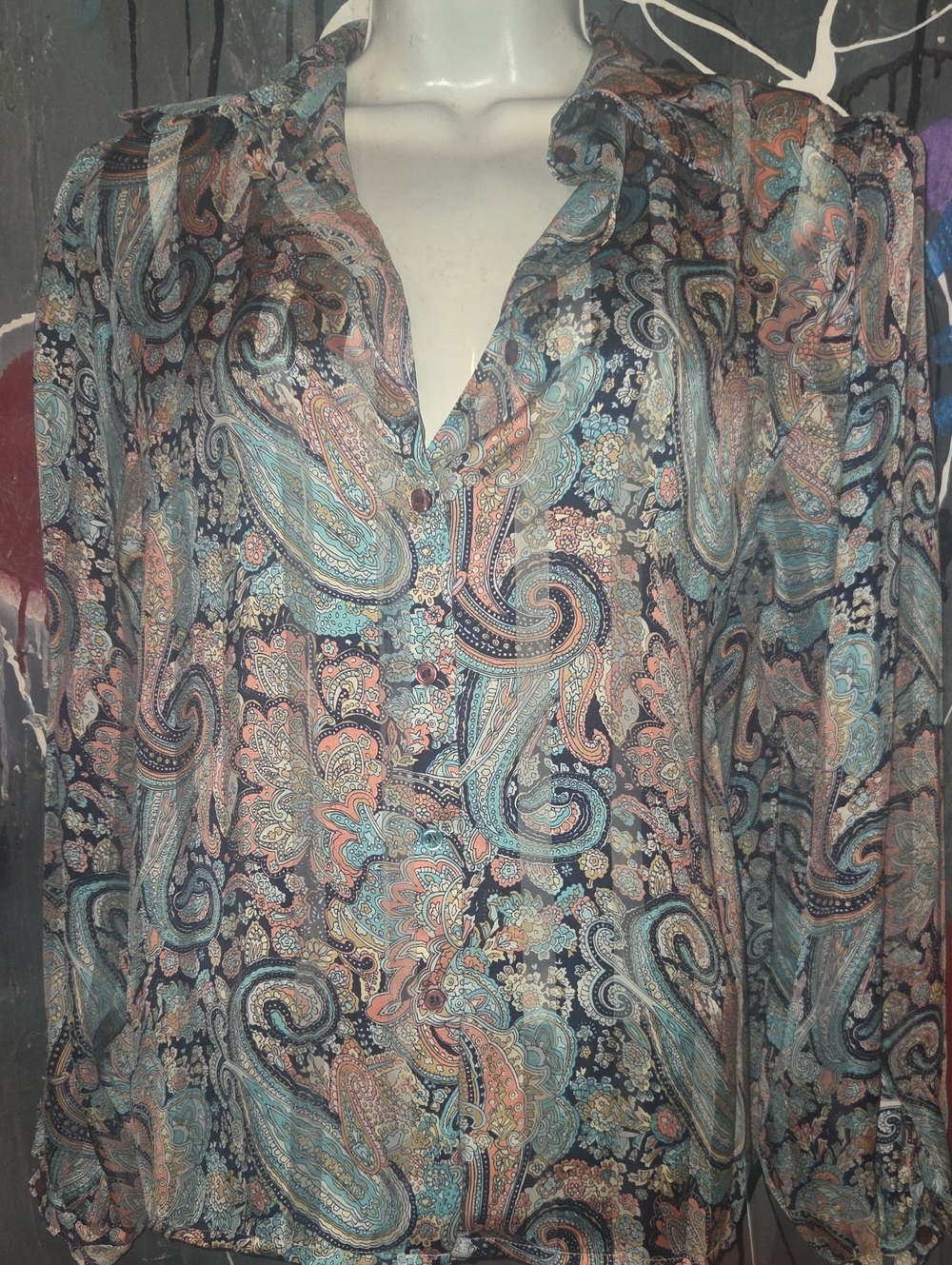Michelle Stuart Paisley Button-Front Blouse in Navy, Teal, Coral
